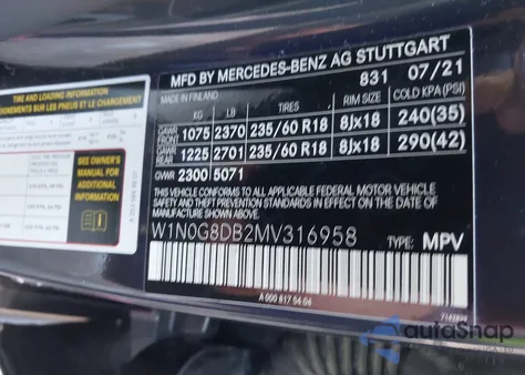 2021 Mercedes-Benz Glc 300 Suv из США, поврежденный, VIN W1N0G8DB2MV316958